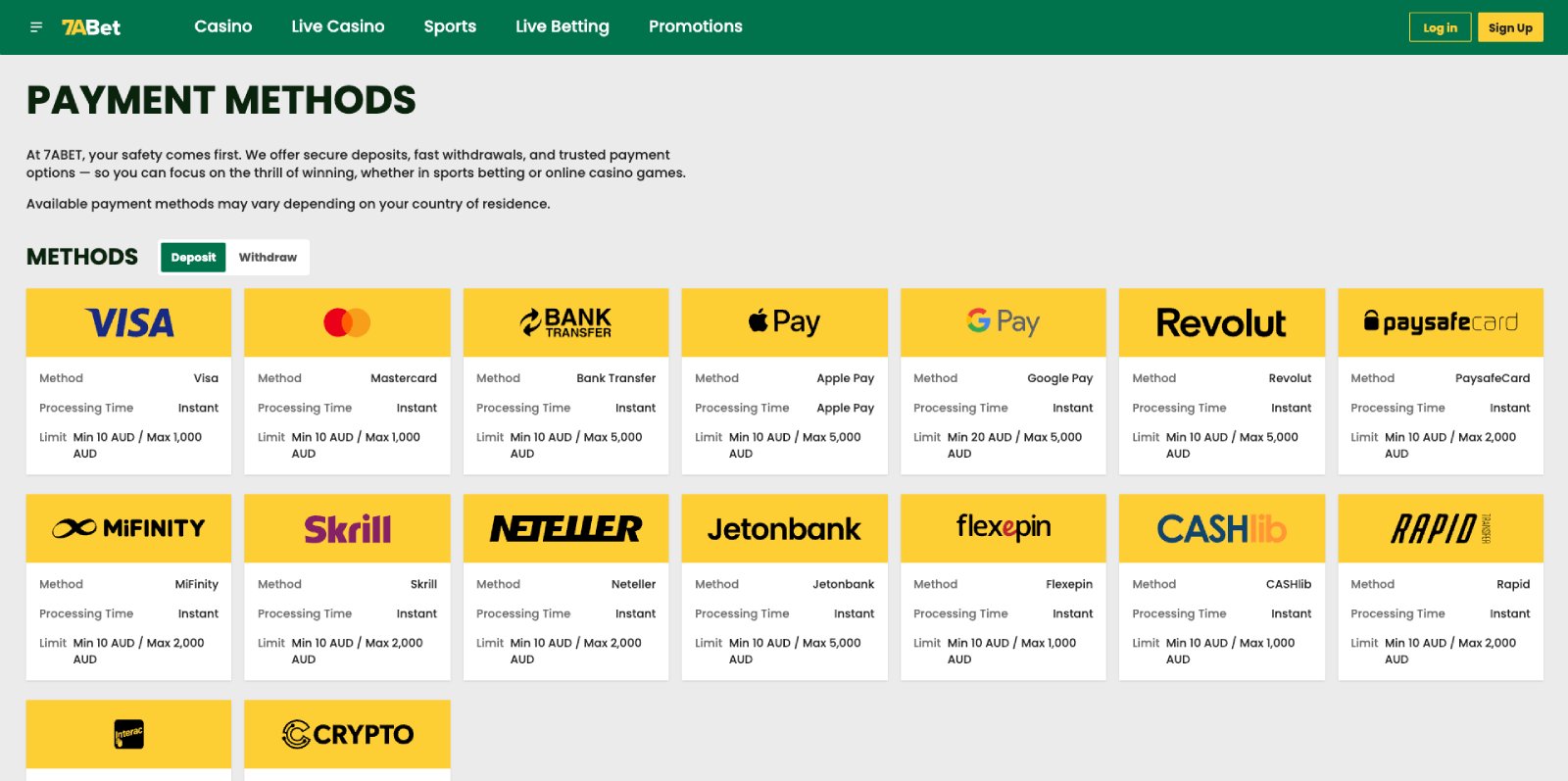 7abet banking page showing withdrawal methods and timings
