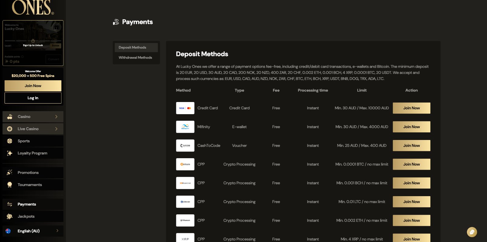 LuckyOnes banking page showing withdrawal methods and timings