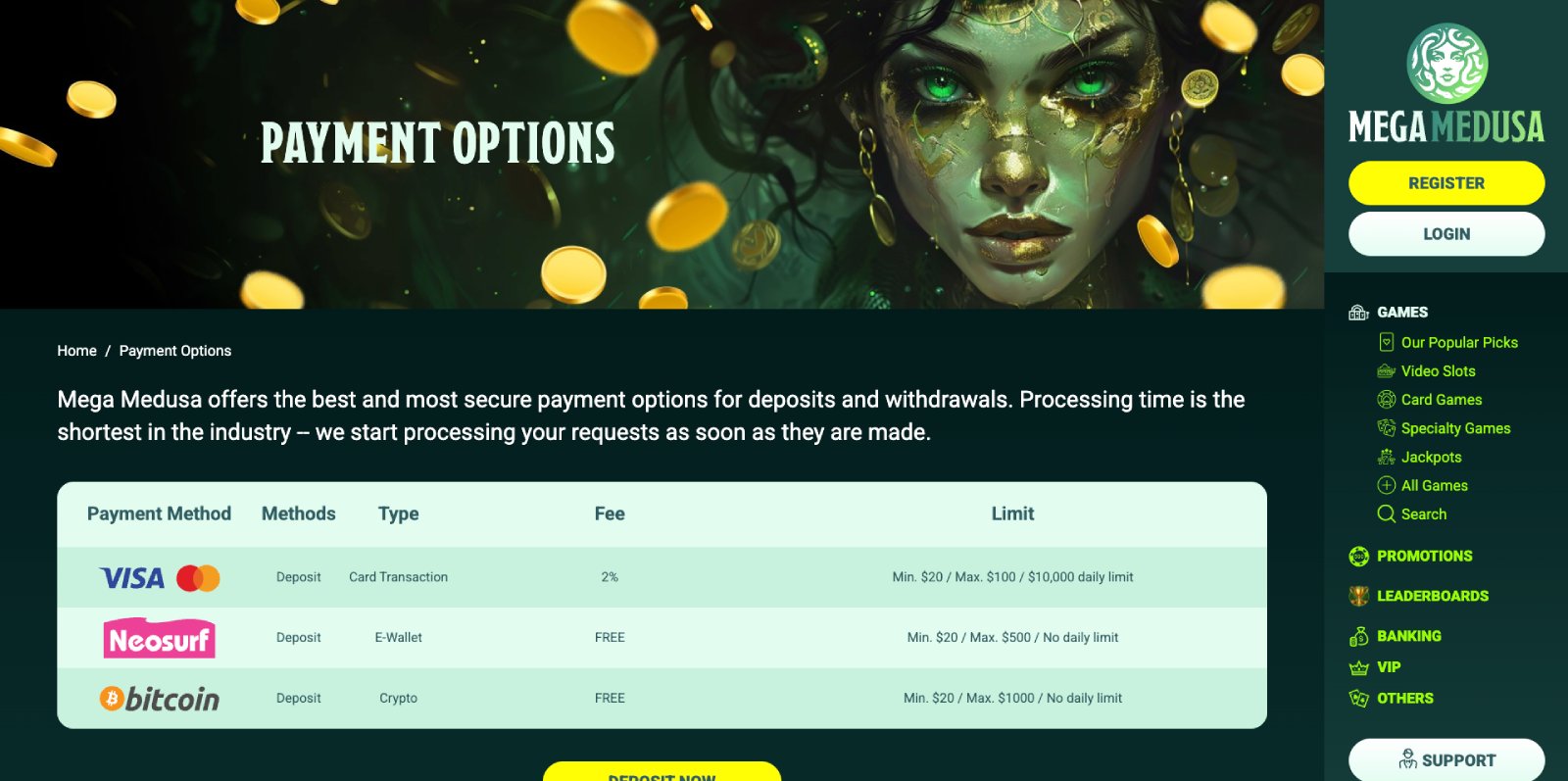 Mega Medusa banking page showing withdrawal methods and timings