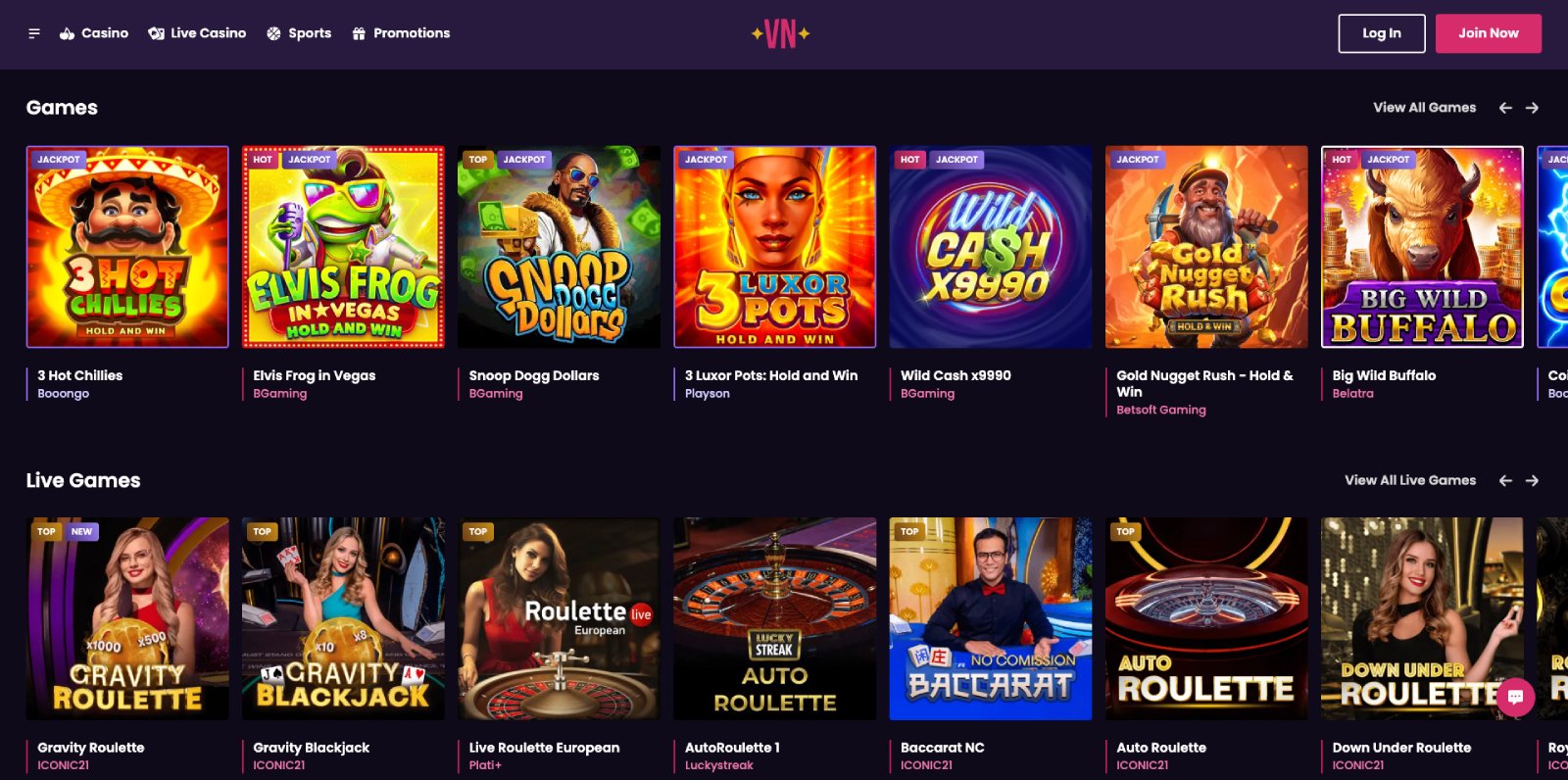 VegasNow lobby, screenshot