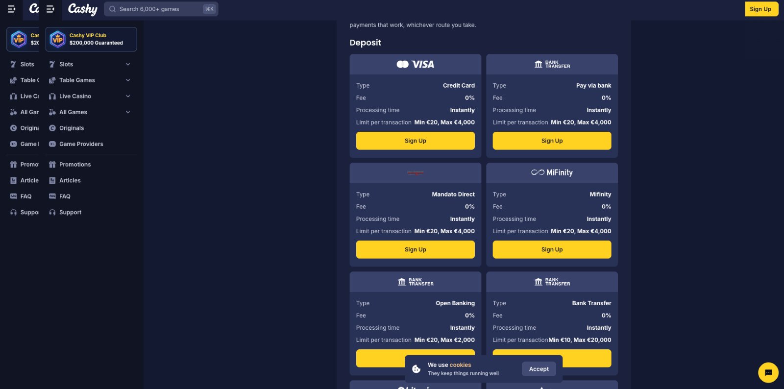 Cashy Casino banking page showing withdrawal methods and timings