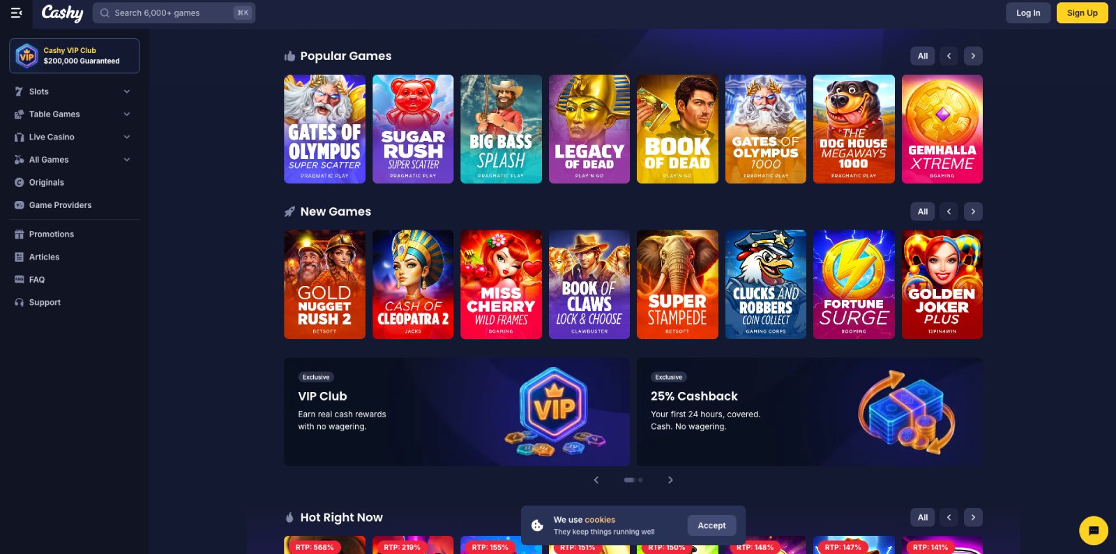 Cashy Casino lobby, screenshot