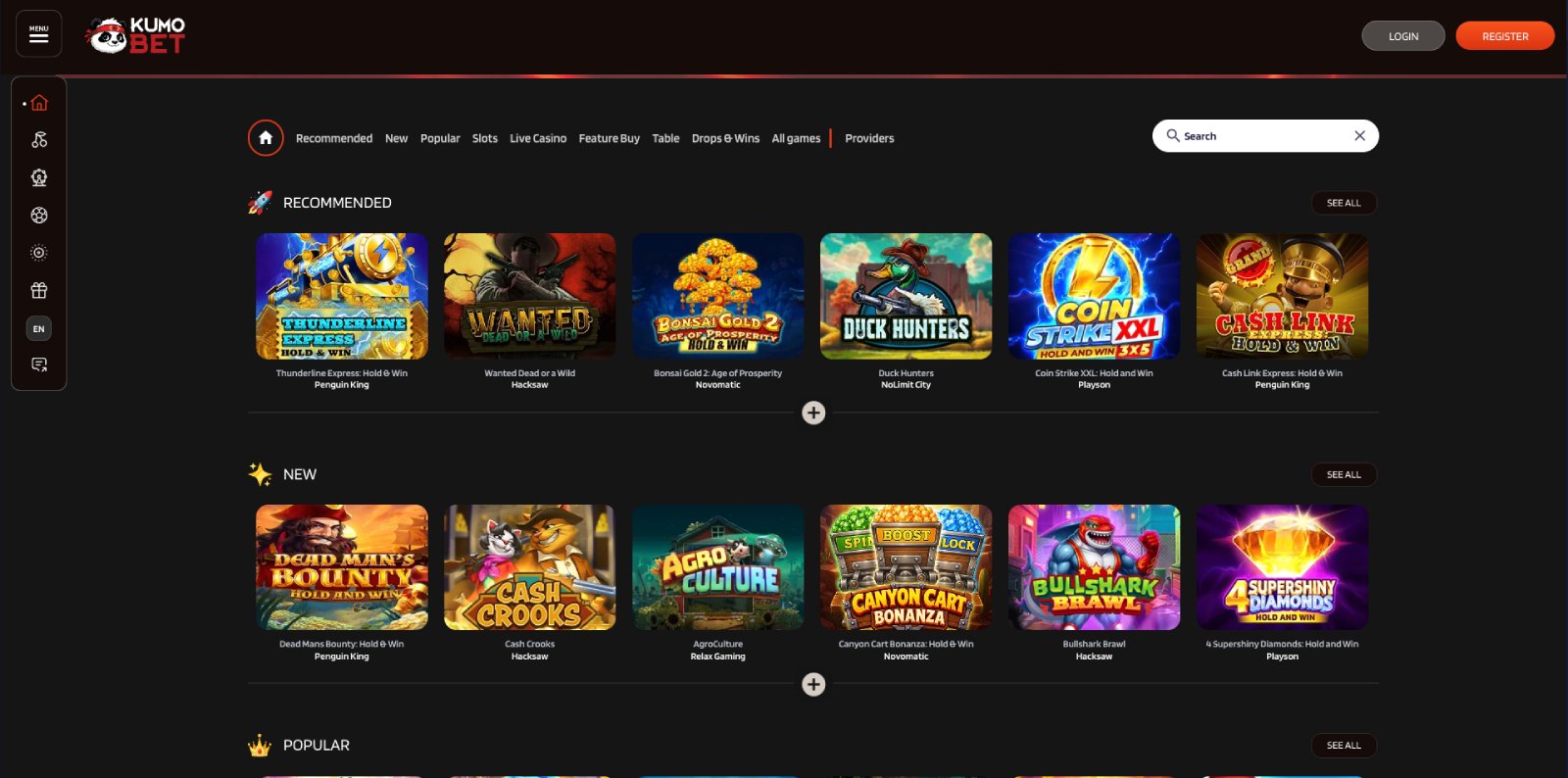 KumoBet lobby, screenshot
