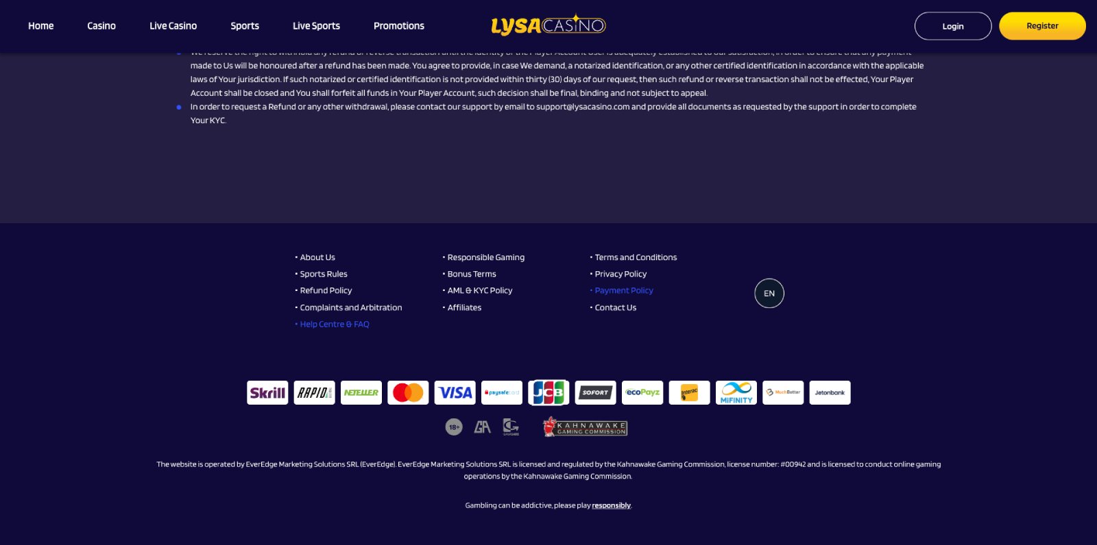 Lysa Casino banking page showing withdrawal methods and timings