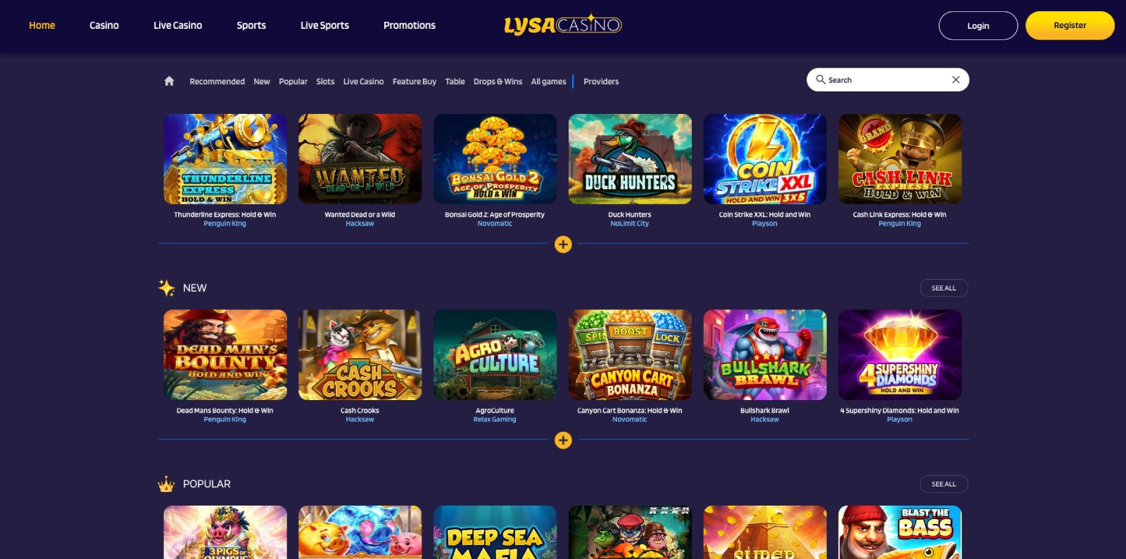 Lysa Casino lobby, screenshot