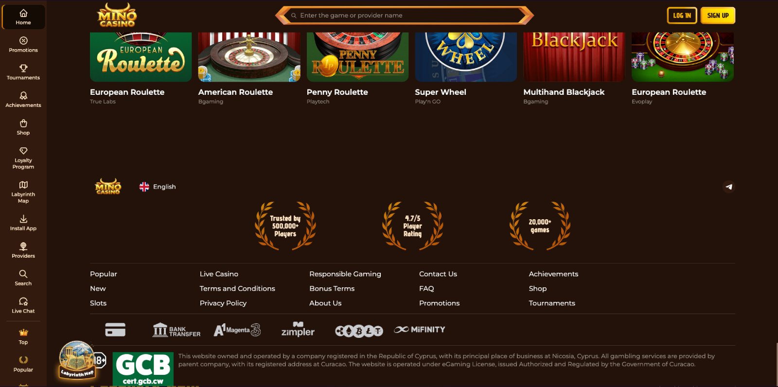 Mino Casino banking page showing withdrawal methods and timings