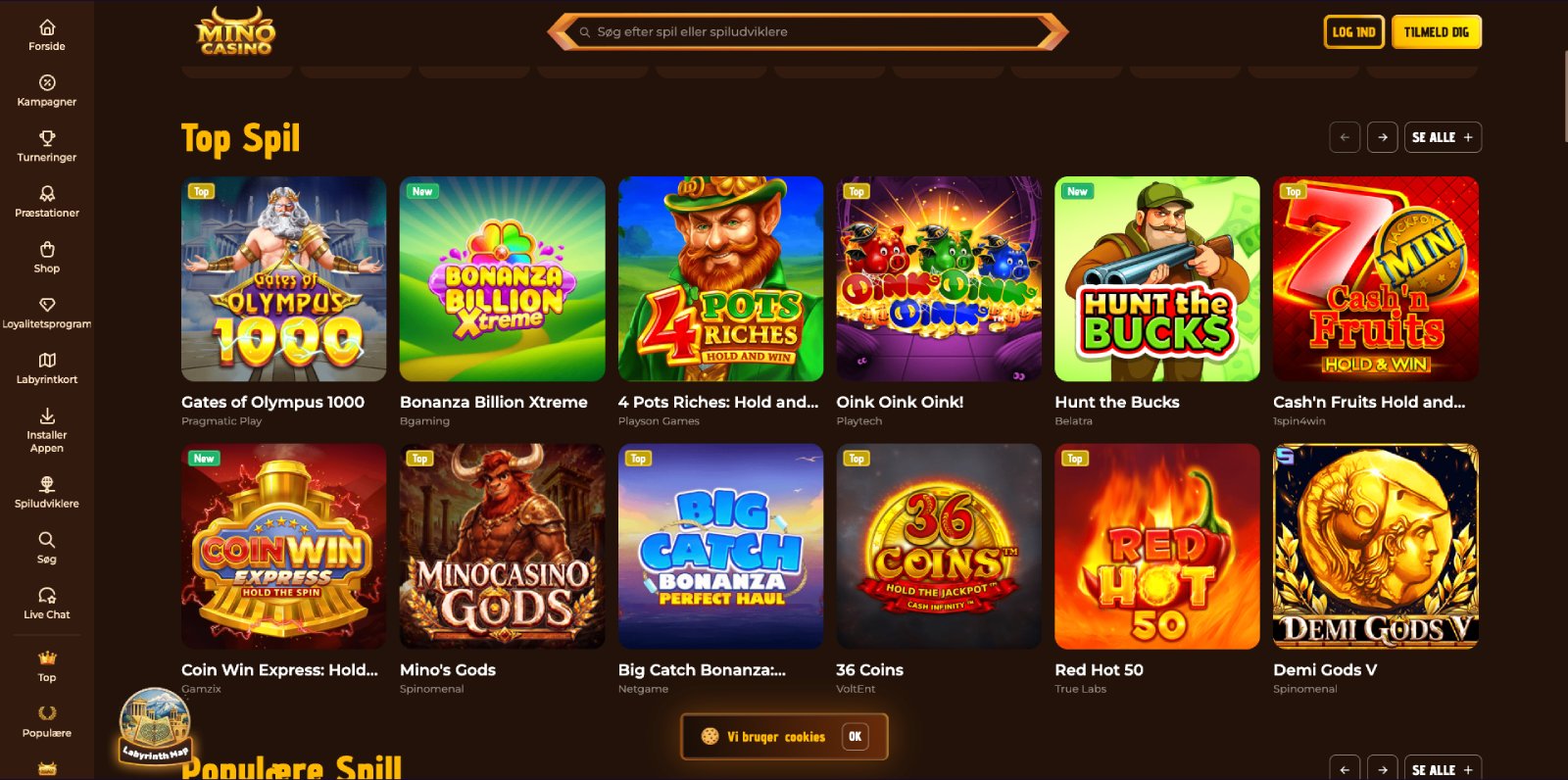 Mino Casino lobby, screenshot
