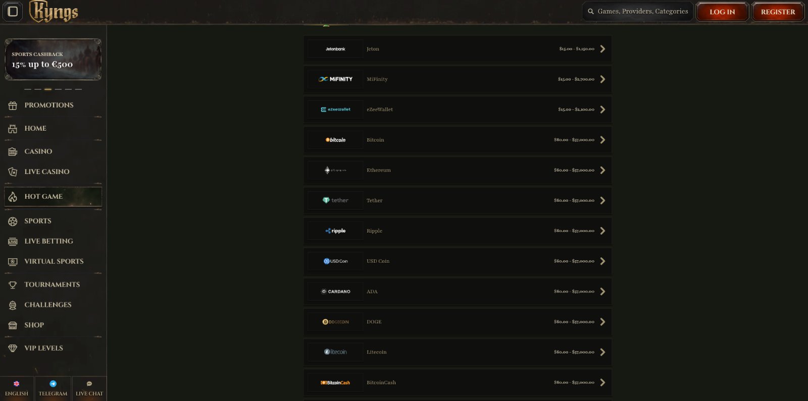 Kyngs Casino banking page showing withdrawal methods and timings