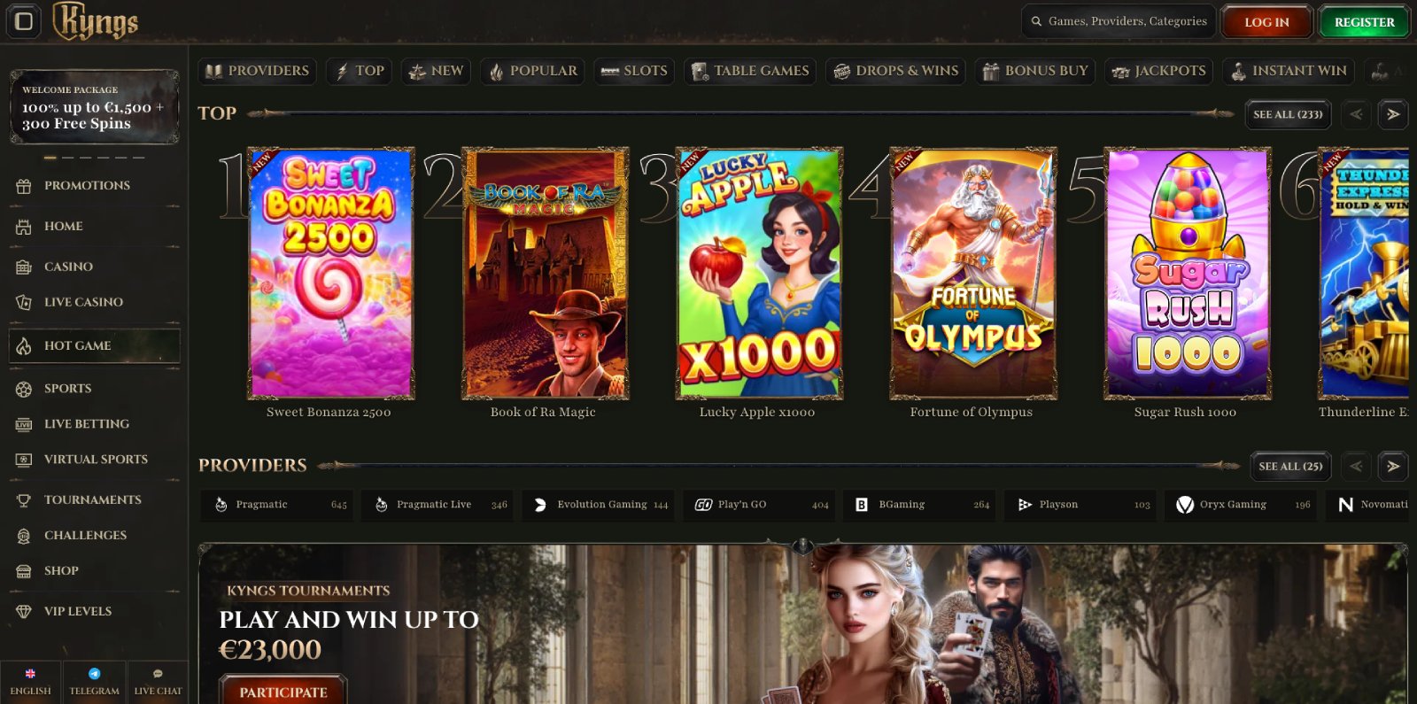 Kyngs Casino lobby, screenshot