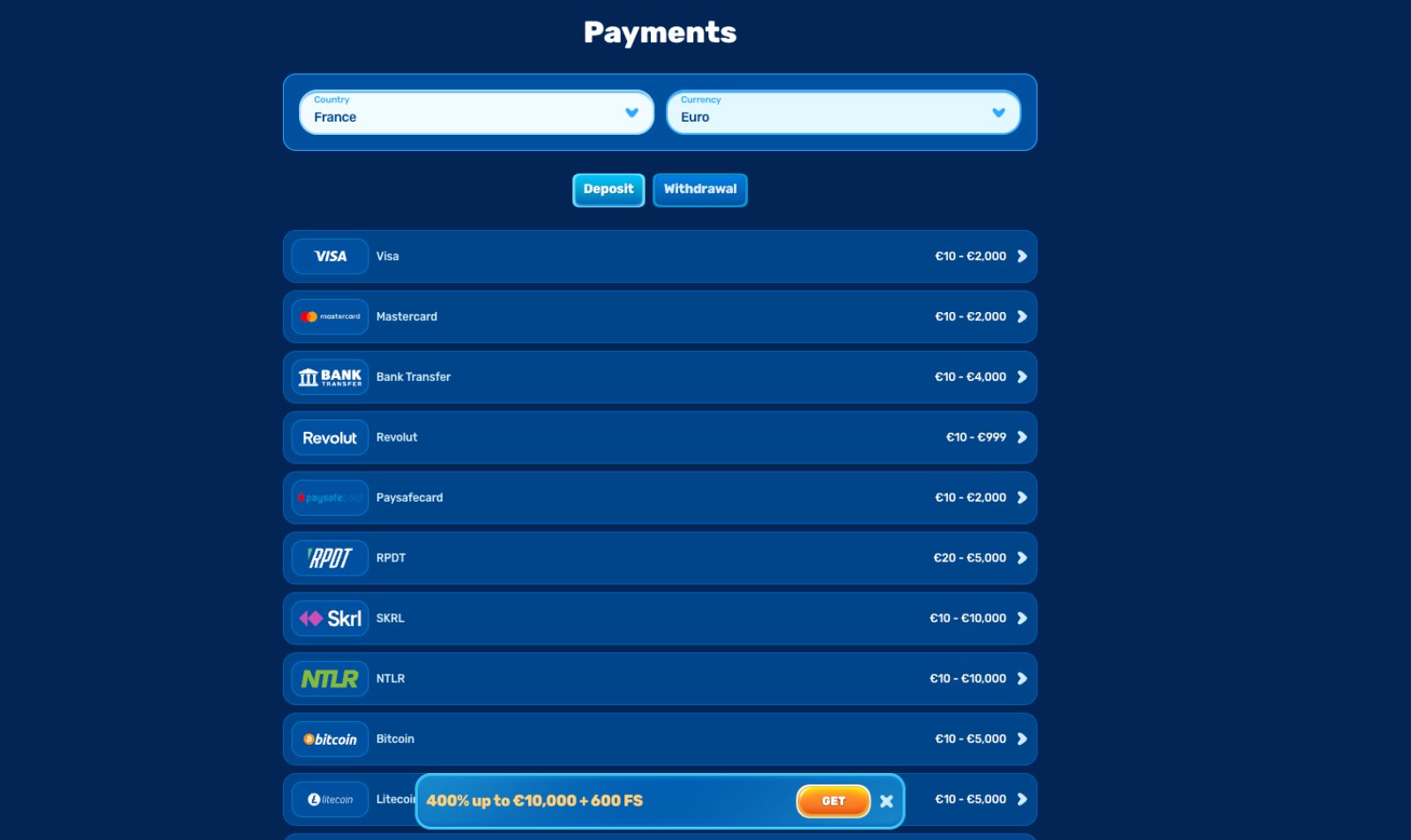 Spinfin Casino banking page showing withdrawal methods and timings
