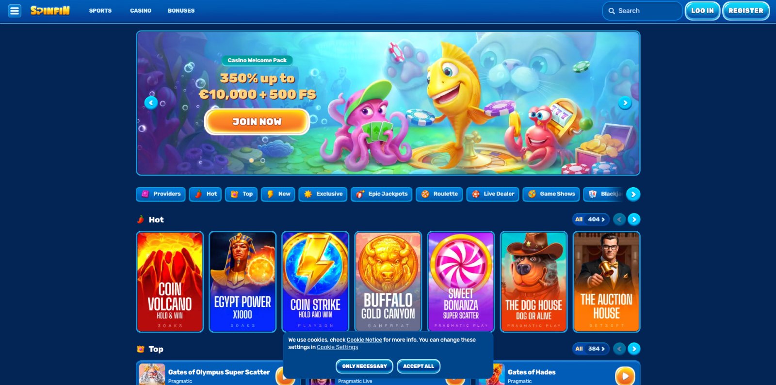 Spinfin Casino lobby, screenshot