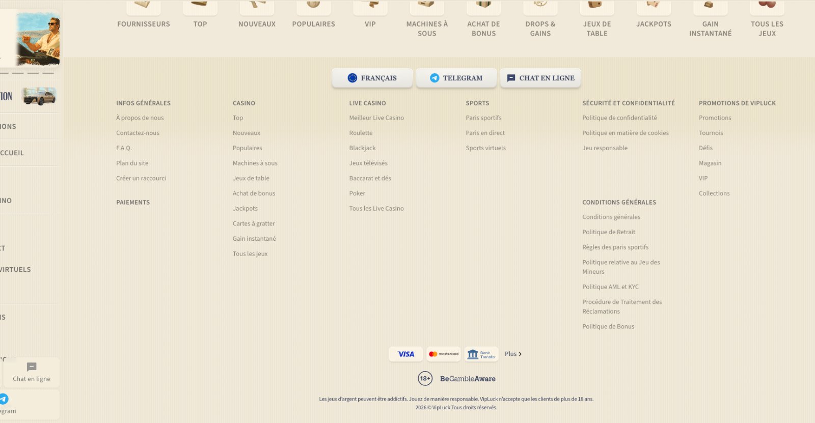 VipLuck Casino banking page showing withdrawal methods and timings