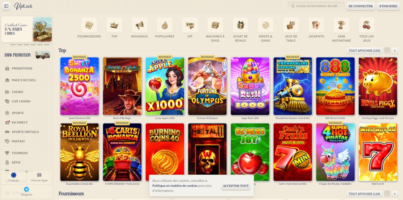 VipLuck Casino lobby, screenshot