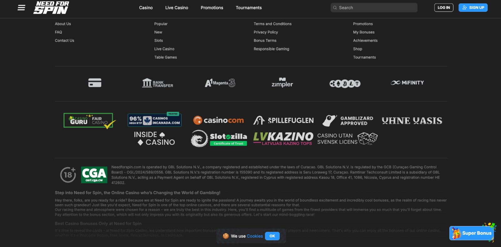 Need for Spin banking page showing withdrawal methods and timings