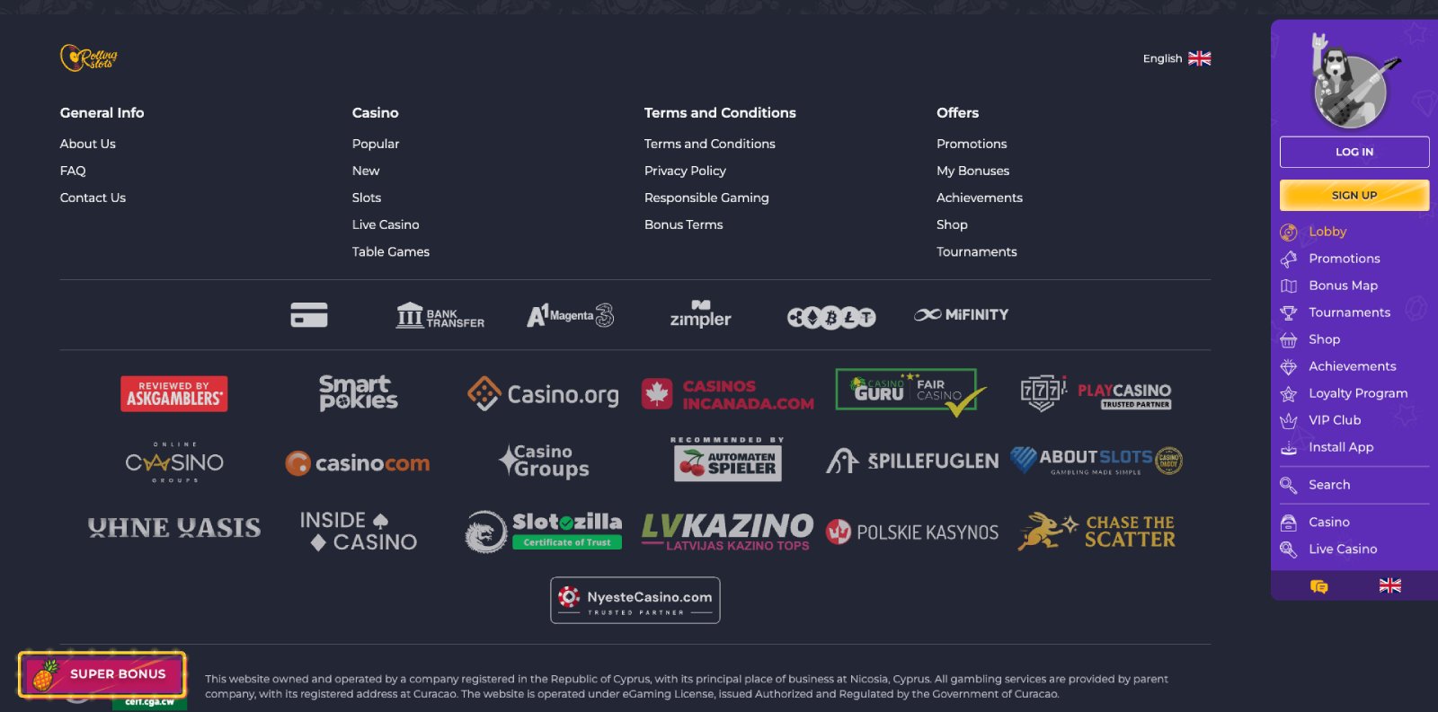 Rolling Slots banking page showing withdrawal methods and timings