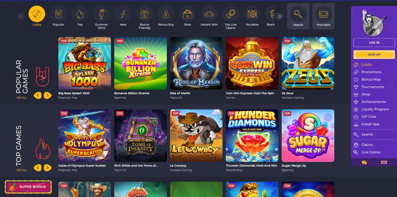 Rolling Slots lobby, screenshot