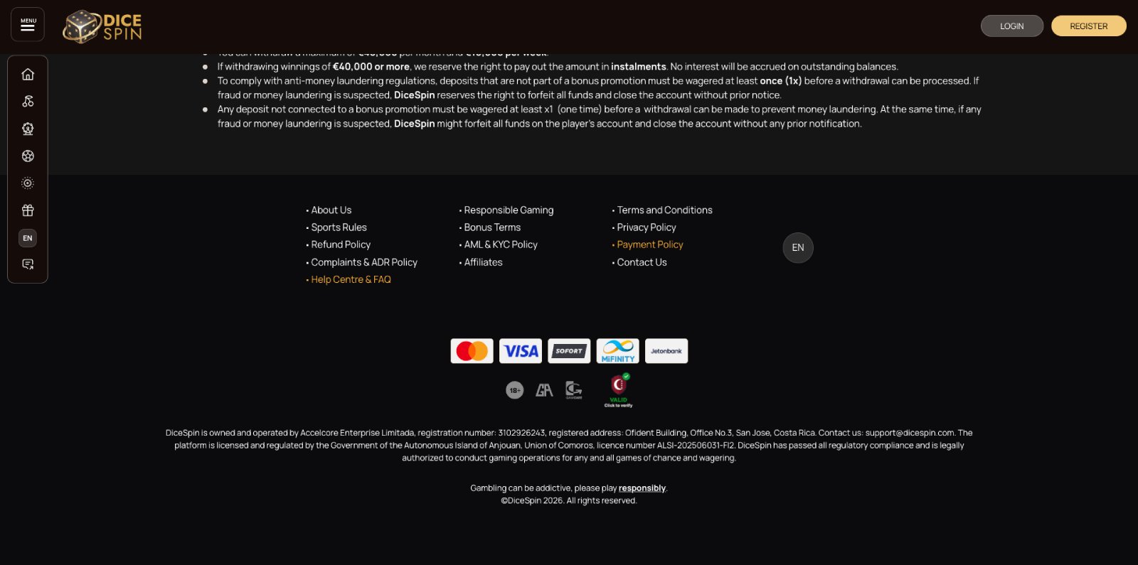 DiceSpin banking page showing withdrawal methods and timings