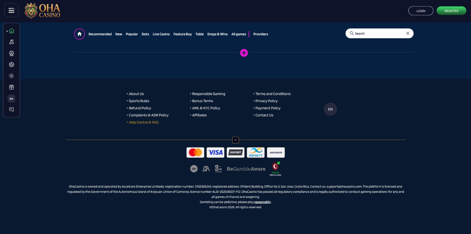 Oha Casino banking page showing withdrawal methods and timings