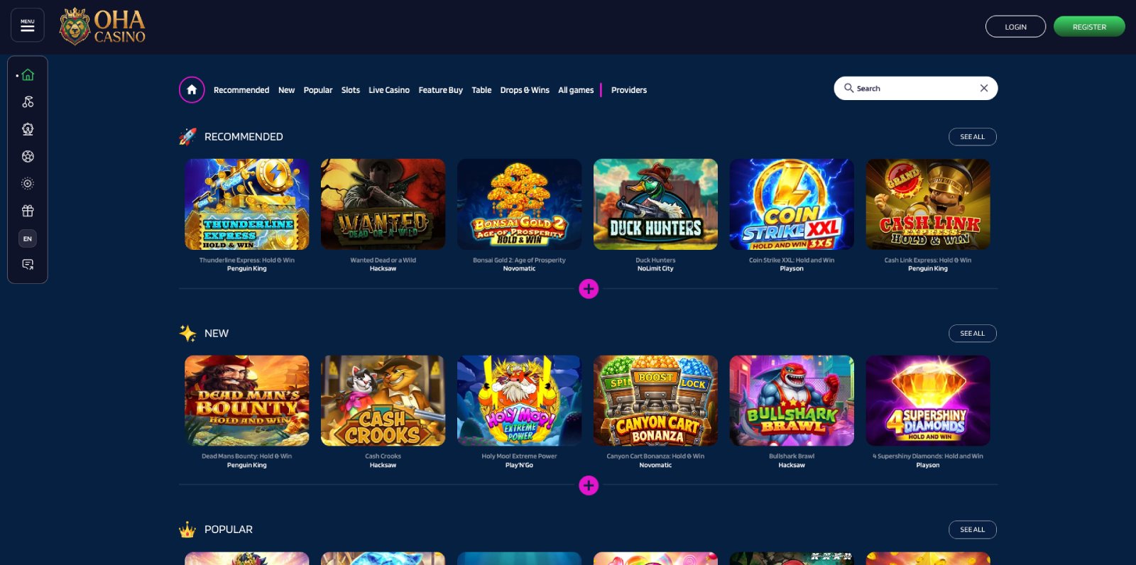 Oha Casino lobby, screenshot