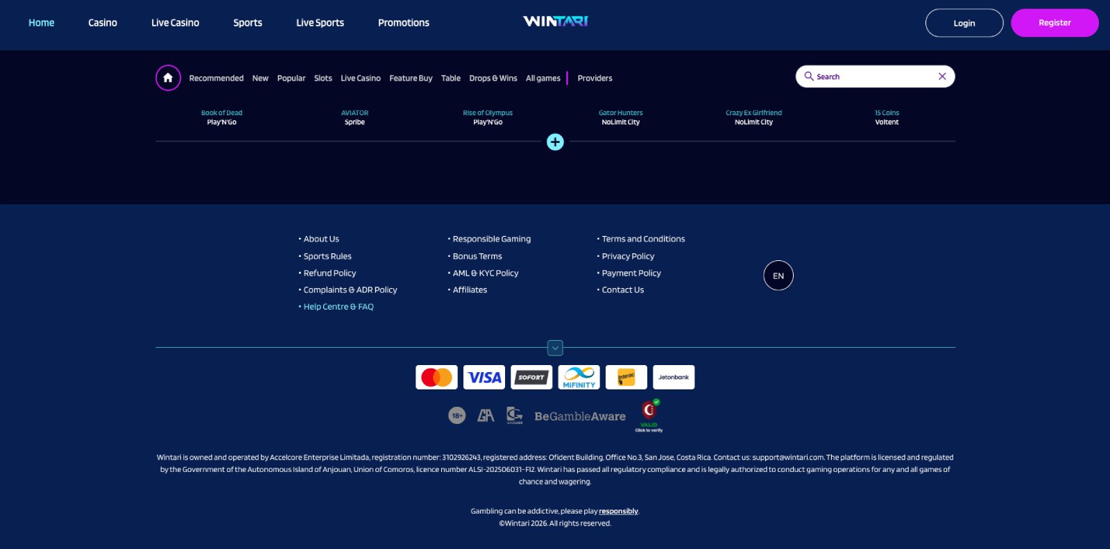 Wintari banking page showing withdrawal methods and timings