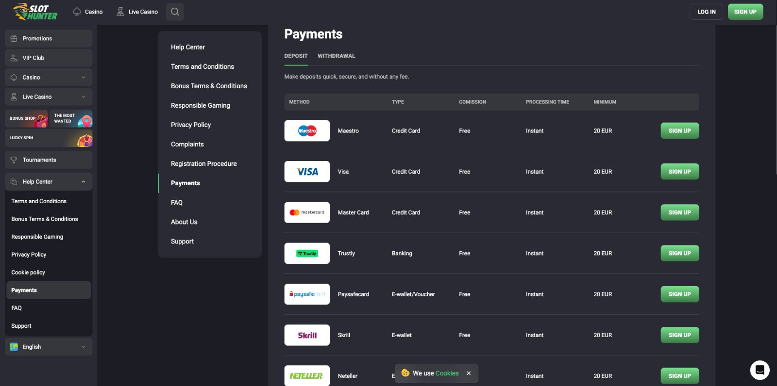 Slot Hunter banking page showing withdrawal methods and timings