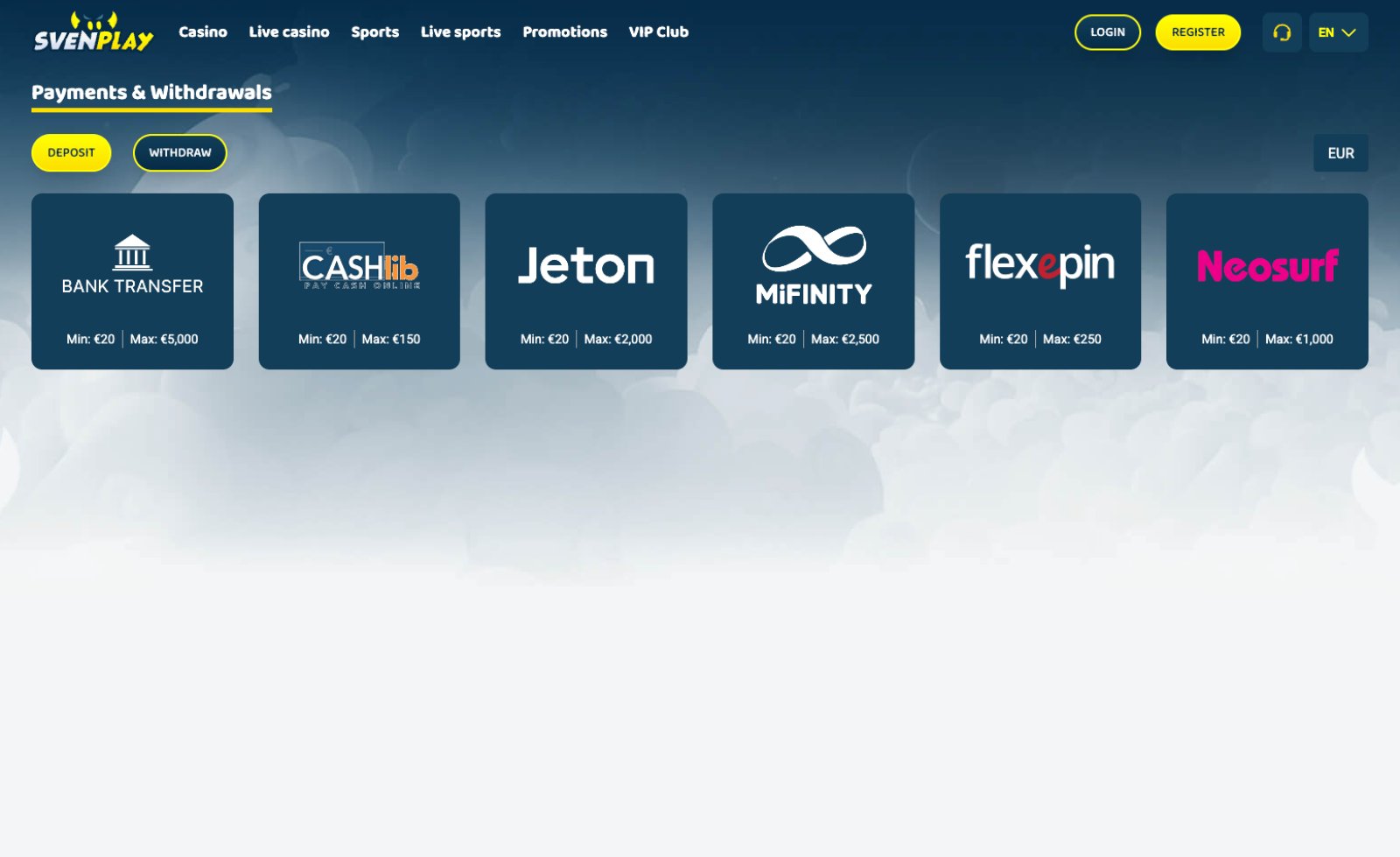 SvenPlay banking page showing withdrawal methods and timings