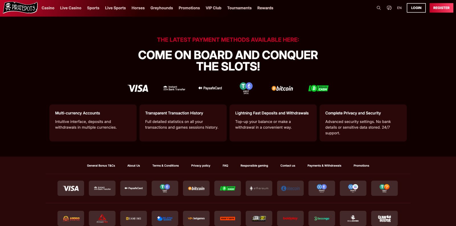 PiratePots banking page showing withdrawal methods and timings