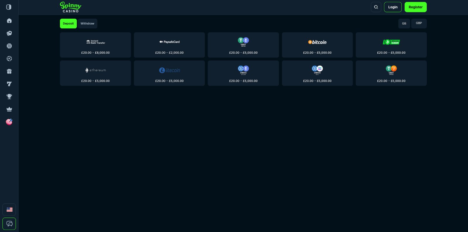 Spinny Casino banking page showing withdrawal methods and timings