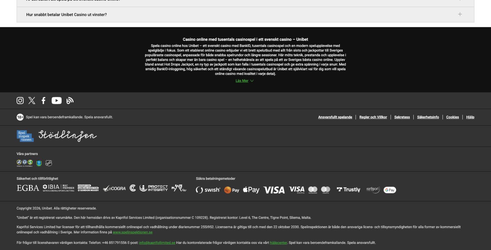 Unibet SE banking page showing withdrawal methods and timings