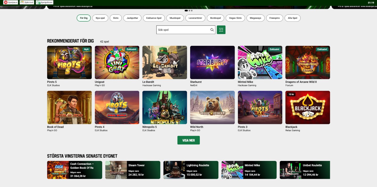 Unibet SE lobby, screenshot