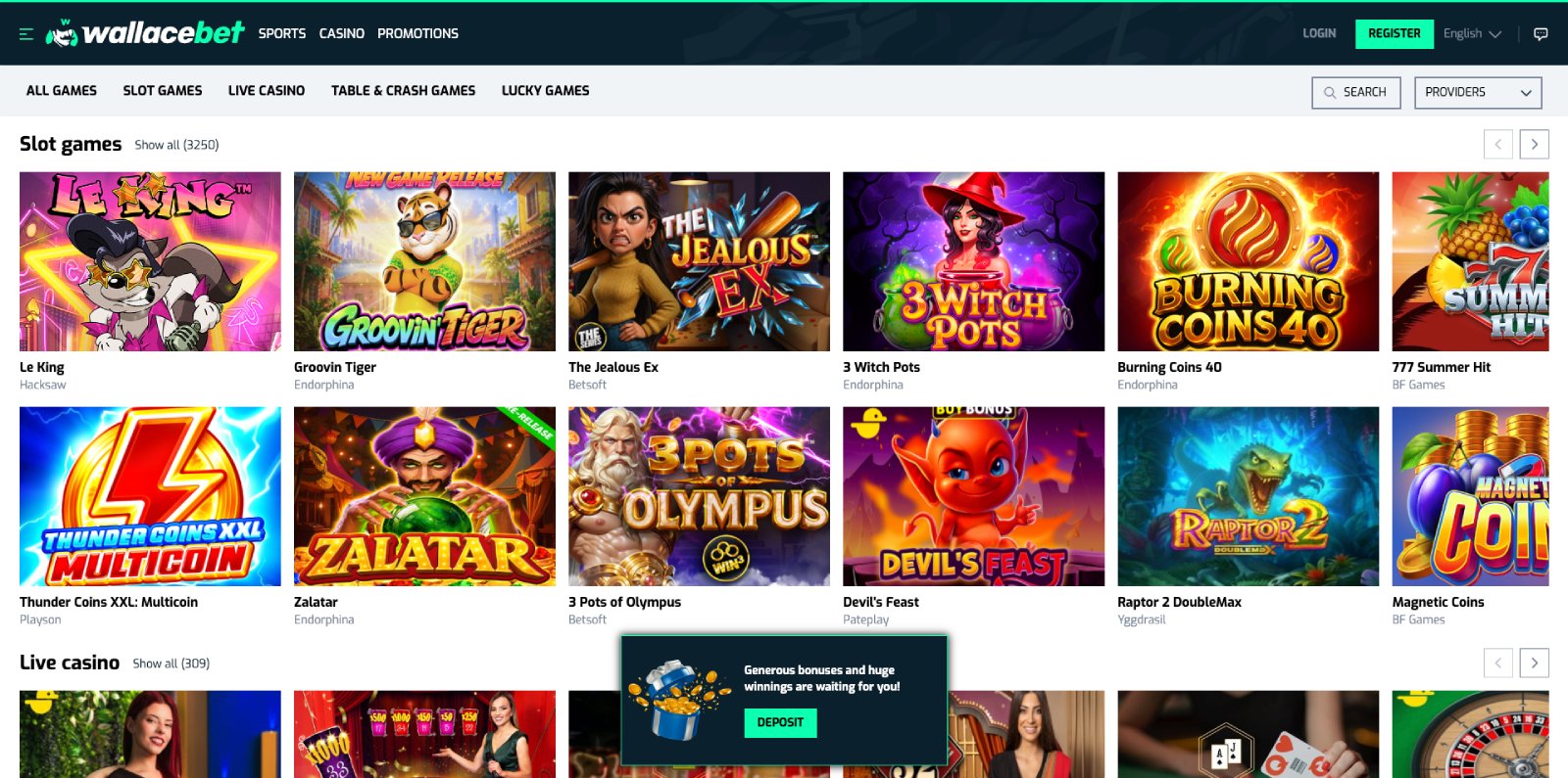 Wallacebet lobby, screenshot