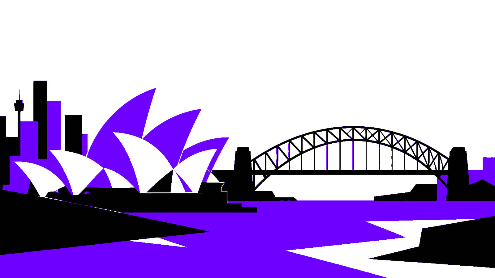 Sydney harbour skyline with geometric bridge and sail forms