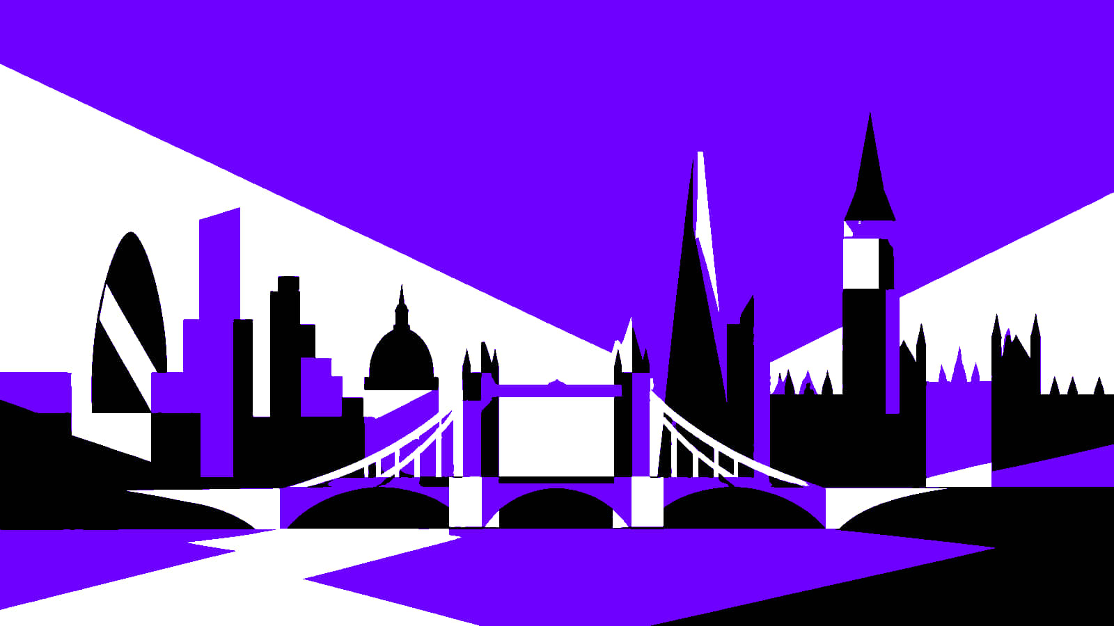 London skyline in a geometric black white and violet composition