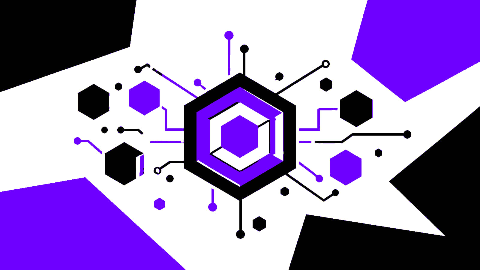 Reseau blockchain abstrait compose de circuits et hexagones